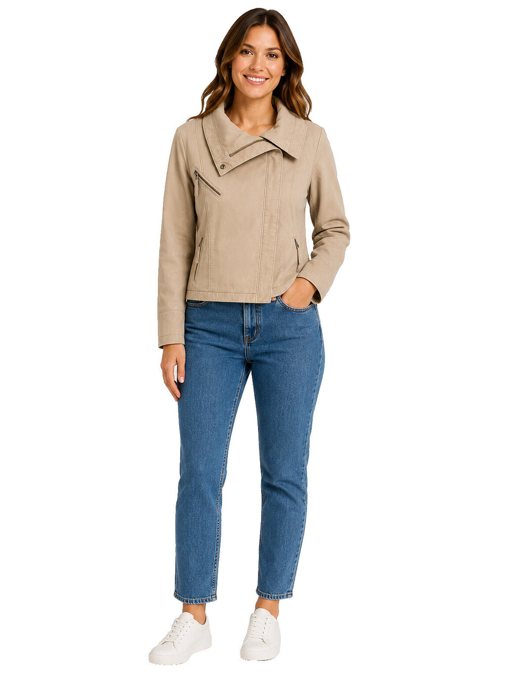 Marrakech Beige Moto Jacket Women's XS Beige Stretch Lyocell Cotton Zip Pockets